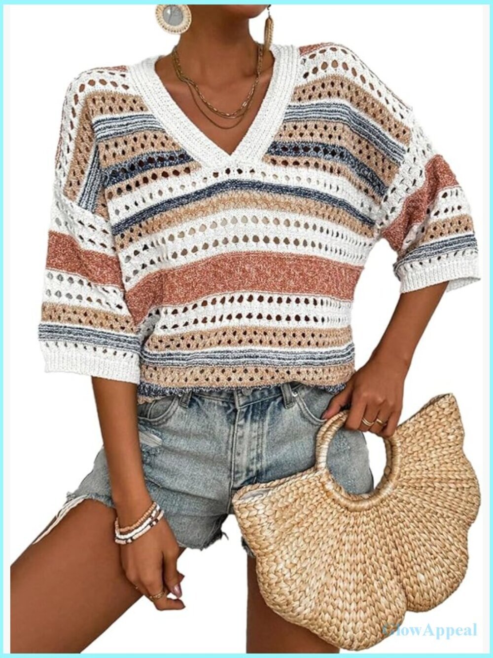 Boho Striped Crochet Knit Top V Neck 3/4 Sleeve Hollow Out Oversized Sweater